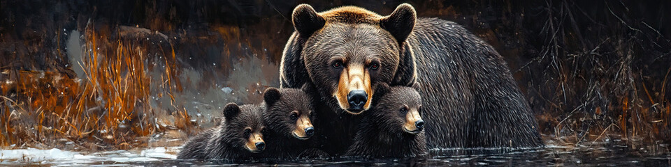 Obraz premium A mother bear protecting her cubs from an unseen threat.
