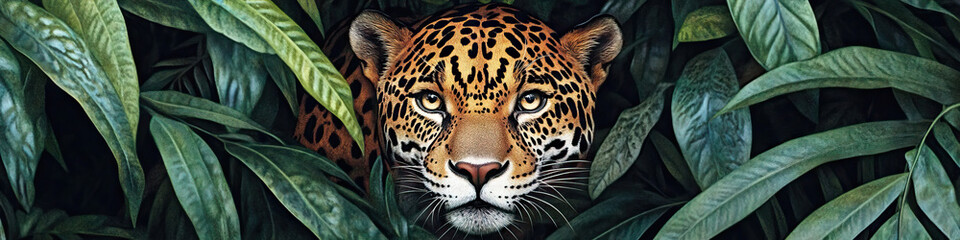 Naklejka premium A shy jaguar disappearing into the dense jungle foliage.