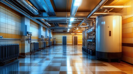 Obraz premium Industrial Interior with Pipes and Tanks in Modern Facility Space