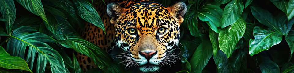 Obraz premium A shy jaguar disappearing into the dense jungle foliage.