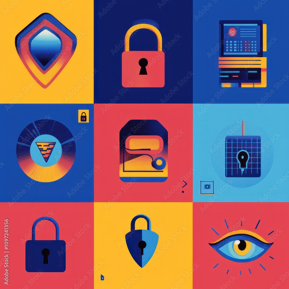 Leinwandbilder a colorful grid of security-related icons representing protection and data safety concepts.