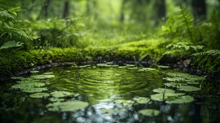 In the middle of a peaceful forest, a clear pond rests, bordered by green trees and natura