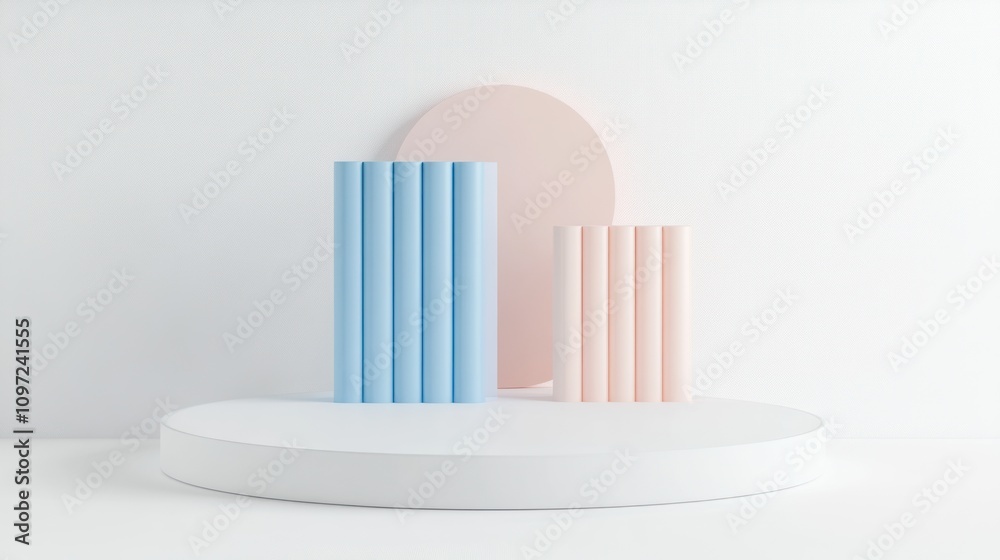 Poster A minimalist display featuring pastel columns and a circular backdrop on a white surface.