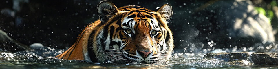 Fototapeta premium A playful tiger examining its surroundings in the sunlight