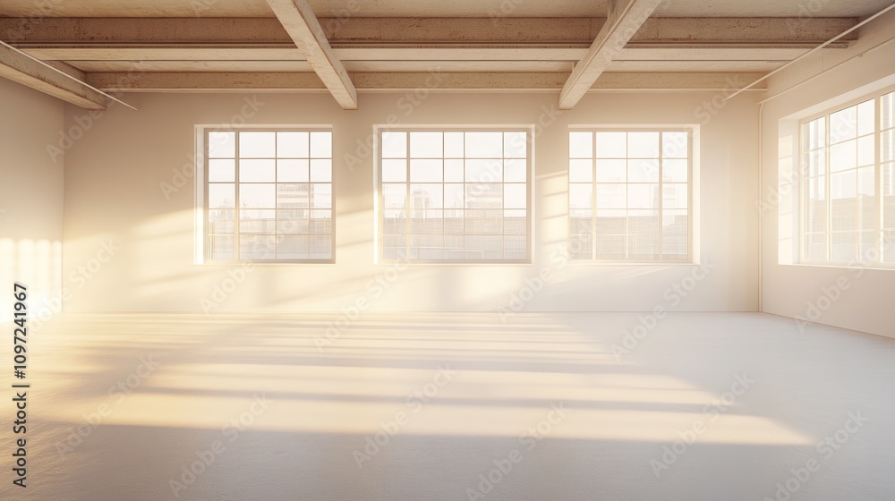 Poster Bright, spacious interior with large windows and soft lighting creating a serene atmosphere.