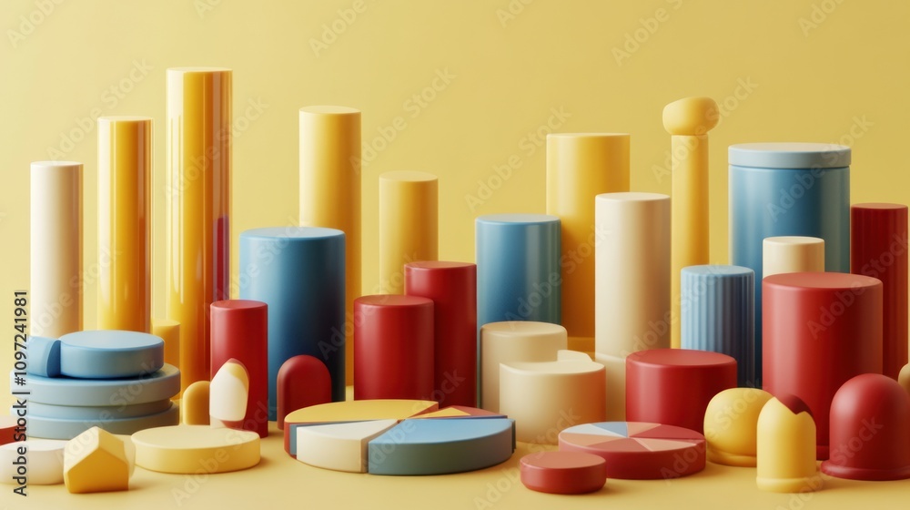 Aufkleber a colorful arrangement of geometric shapes and forms on a yellow background.