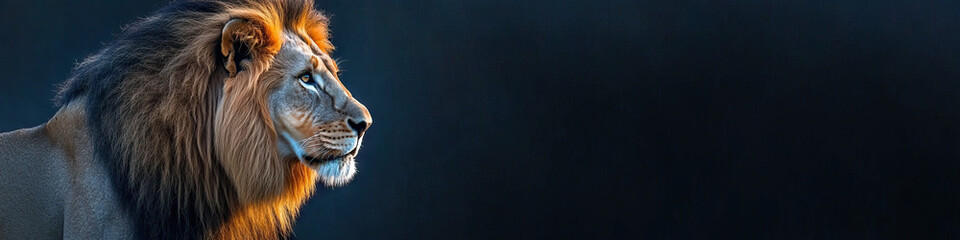 Naklejka premium A lion stands proudly with its mane blowing in the wind.