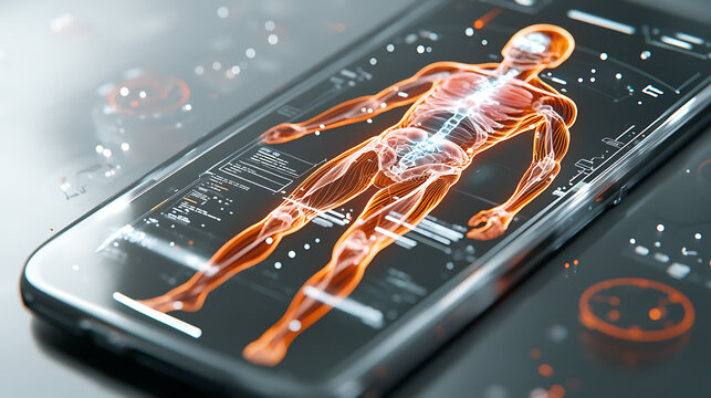 Futuristic AI medical scanner displaying human anatomy on smartphone screen, showcasing advanced technology and health monitoring capabilities