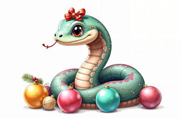 Fototapeta premium Festive snake character with ornaments celebrating the holiday season in a cheerful and colorful design