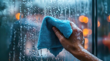 Fototapeta premium Hand Cleaning Window with Blue Cloth Amidst Water Drops and Haze