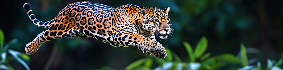 Naklejka premium An athletic jaguar leaps through the air with remarkable speed and strength.