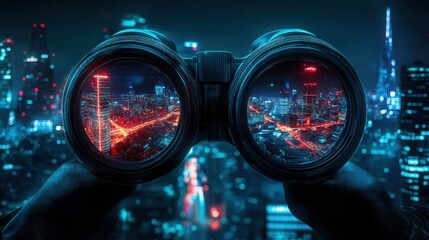 Futuristic Cityscape View Through High-Tech Binoculars at Night Featuring Neon Lights and Urban Skyline with Illuminated Skyscrapers and Streets