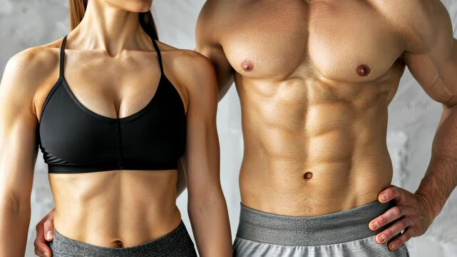 Fit woman and muscular man workout in sportswear at the gym, leading a healthy lifestyle together.