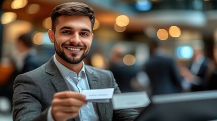 Fototapeta premium Professional Man Holding Business Card in Modern Office Space with Soft Focus Background and Welcoming Smile Capturing Networking and Business Opportunities