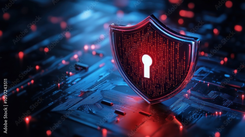 Aufkleber A glowing shield with a keyhole on a circuit board represents cyber security and data protection.