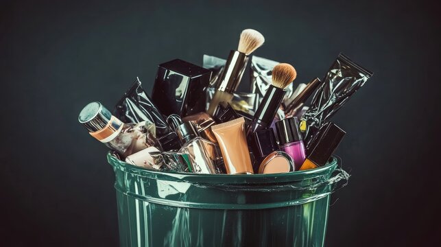 Discarded Beauty Products in Trash Bin Representing Wastefulness