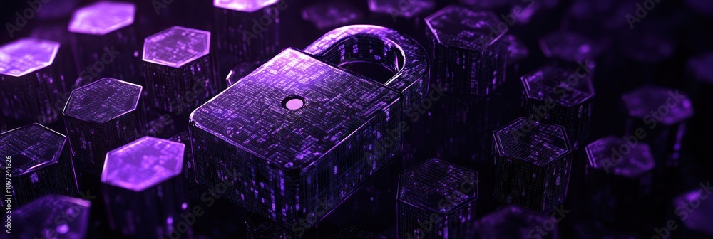 Aufkleber A digital padlock surrounded by hexagonal shapes, representing cybersecurity and data protection.