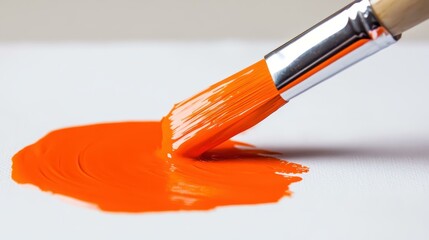 A vibrant closeup of a paintbrush dipped in bold orange paint against a blurred backdrop for artistic flair.