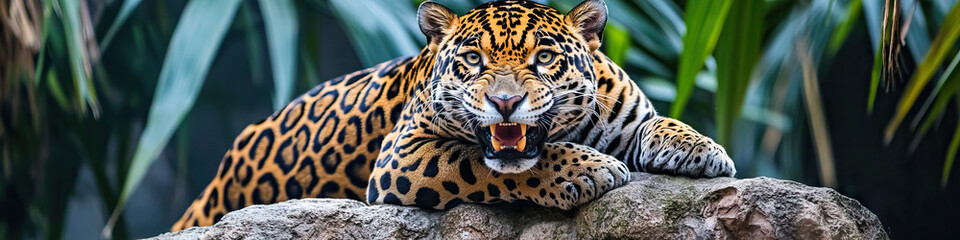 Obraz premium Powerful Jaguar: A jaguar, teeth bared, perched atop a rock