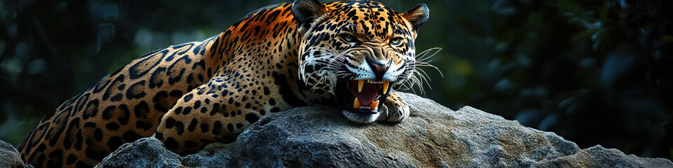 Obraz premium Powerful Jaguar: A jaguar, teeth bared, perched atop a rock
