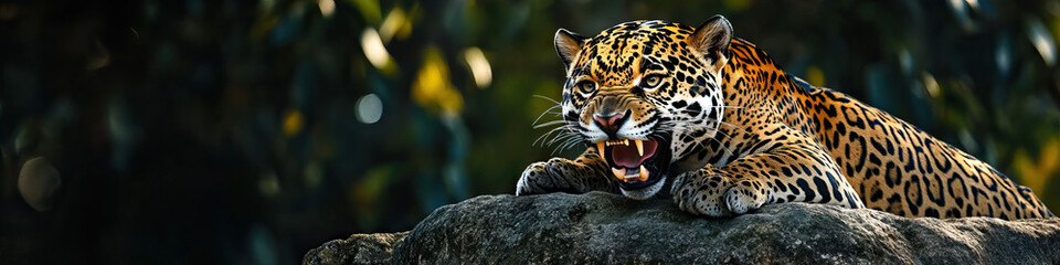 Fototapeta premium Powerful Jaguar: A jaguar, teeth bared, perched atop a rock