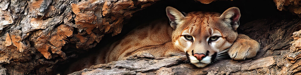 Obraz premium Stealthy Cougar: A cougar, camouflaged perfectly against bark