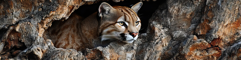 Obraz premium Stealthy Cougar: A cougar, camouflaged perfectly against bark