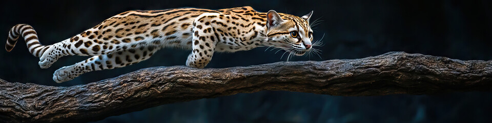 Graceful Ocelot: An ocelot, mid-leap, with a branch in its paws