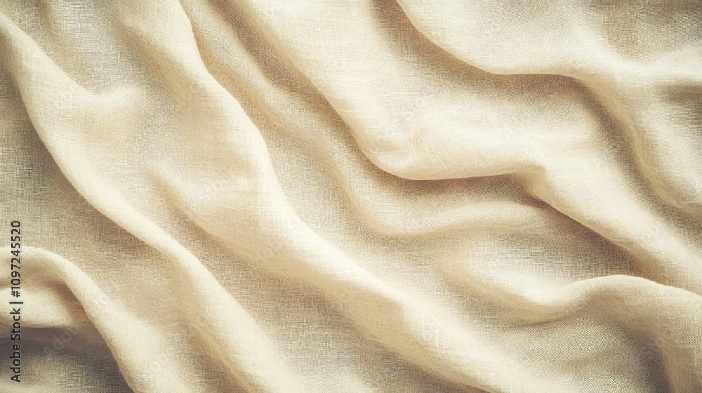 Poster a close-up view of soft, flowing beige fabric showcasing its texture and drape.