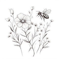 Bee flying over blooming wildflowers in black and white line art