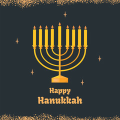 Happy Hanukkah Jewish holiday badge, poster, banner, invitation, card. Golden design on dark background.