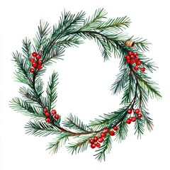Cheerful Christmas wreath made of evergreen pine branches with vibrant red berries, perfect for holiday decorations and festive celebrations.