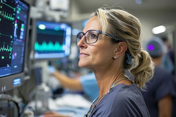 A nurse anesthetist consulting with a surgical team before administering anesthesia, reviewing patient data in a busy operating room