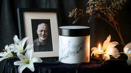 Modern Marble Funeral Urn with Black Accents Paired with White Lilies, Candlelight, and Framed Portrait for a Timeless Memorial