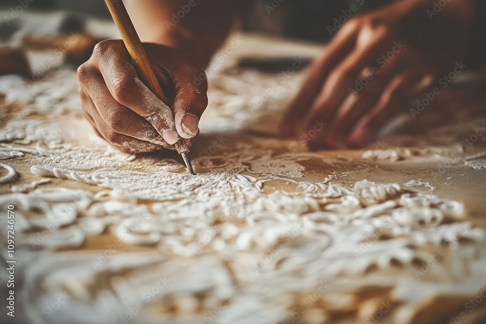 Poster close-up of a hand using a tool to create intricate designs in white powder on a wooden surface.