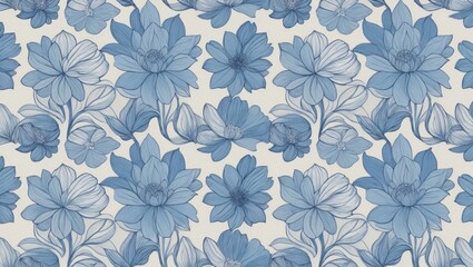 Obraz premium Intricate monochromatic blue floral pattern with detailed overlapping petals in a seamless design