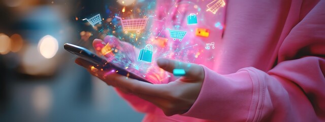  Smart retail technology and omnichannel concept. A person touching retail marketing icon on the virtual screen for channel E-commerce shopping. online retail shopping and omni-digital app design 

