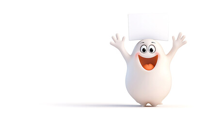 Obraz premium funny cartoon ghost with big smile is holding blank sign, ready to share message. This cheerful character brings playful and lighthearted vibe to any design