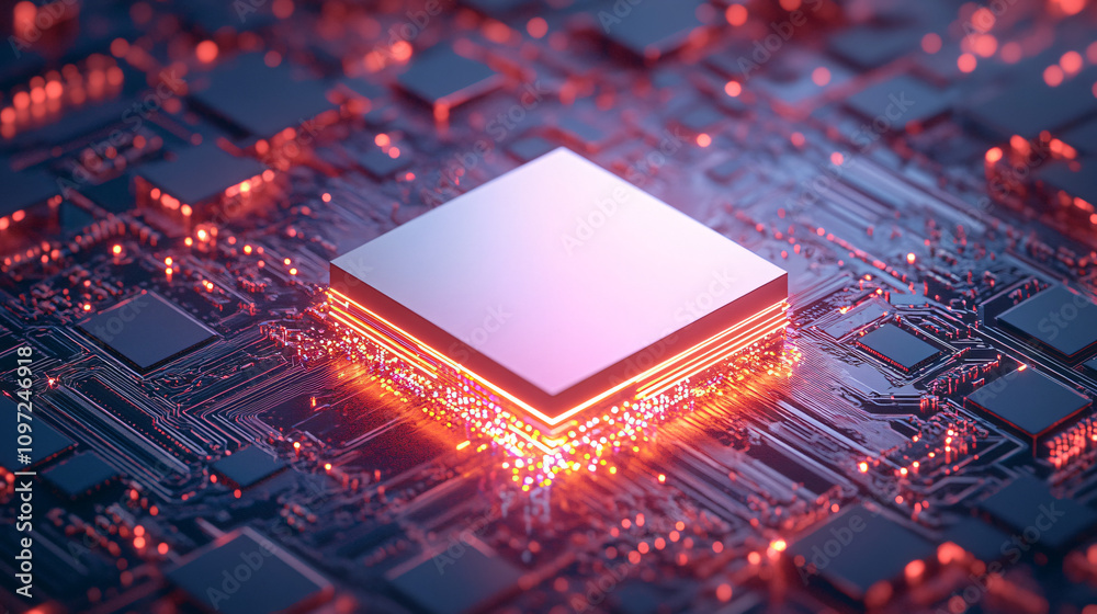 Fototapete modern central processing unit processing data on a futuristic motherboard glowing red and orange