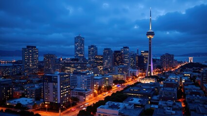 Obraz premium Generative AI, Dynamic Urban Skyline at Dusk