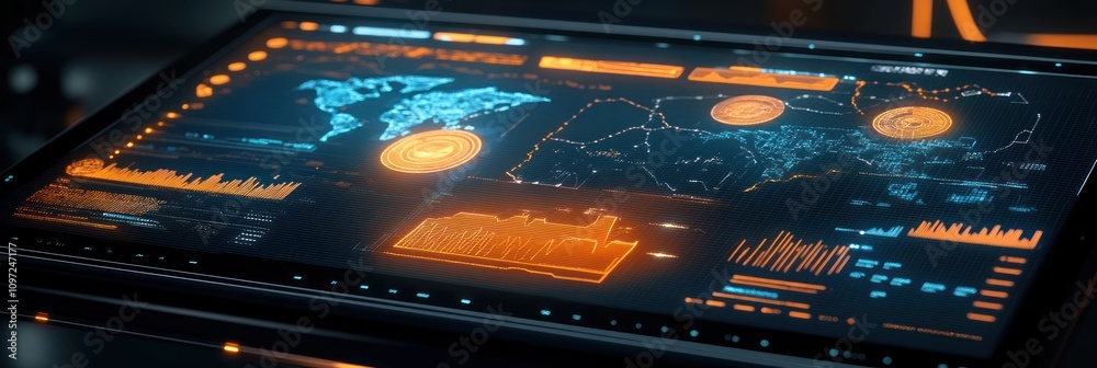Poster Futuristic interface with graphs and data on a digital screen.