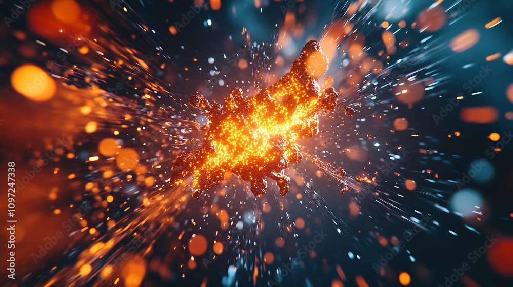 Fototapete Orange energy core exploding and spreading particles and light streaks in the dark universe, creating a beautiful cosmic background