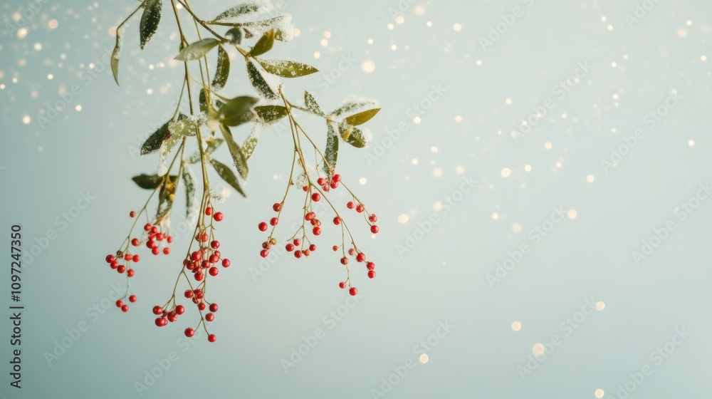 Poster snow dusted branch with red berries on a soft blue background