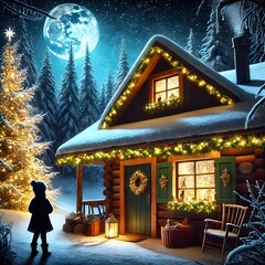 A cozy cottage in a snowy forest glows with lights. At the window, a child gazes at the stars, wishing for a miracle. The surrounding forest sparkles in the moonlight, creating a magical atmosphere.
