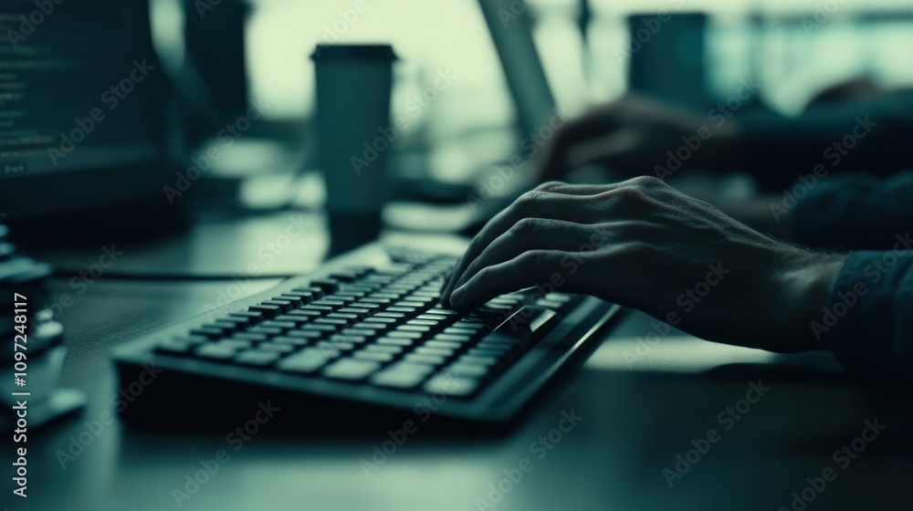 Aufkleber closeup of hands typing on a keyboard in an office.