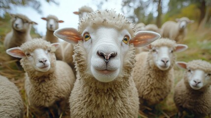 Obraz premium Close-up of sheep in a lush meadow during a sunny afternoon