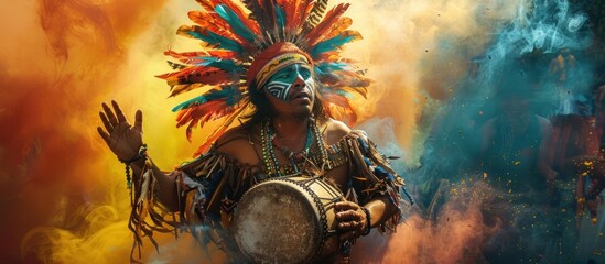 Native American shaman playing drum in colorful smoke.