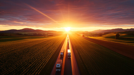 Obraz premium vibrant sunset over countryside road with trucks driving. warm colors of sky create serene atmosphere, highlighting beauty of rural landscapes