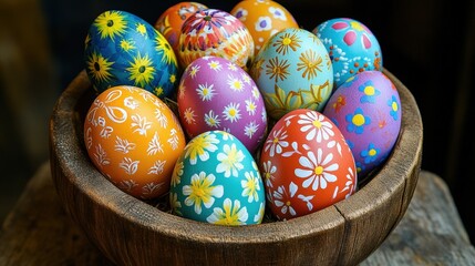 Fototapeta premium Colorful Decorative Easter Eggs in Rustic Bowl