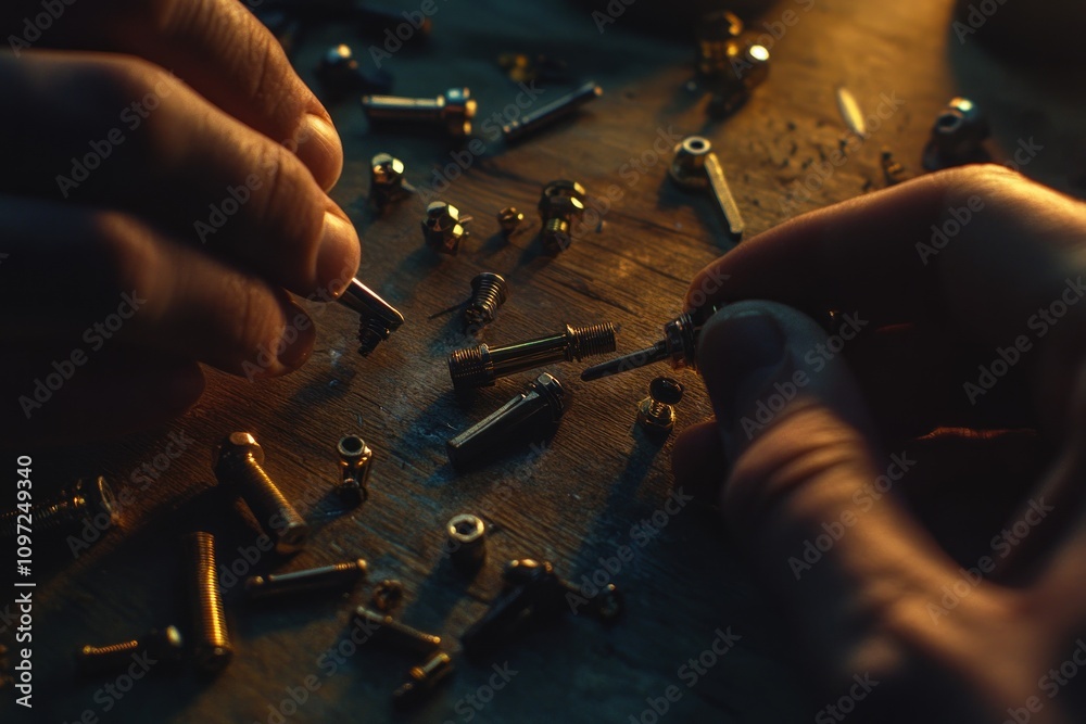 Poster a pair of hands are working on a miniature mechanical device, assembling it piece by piece.